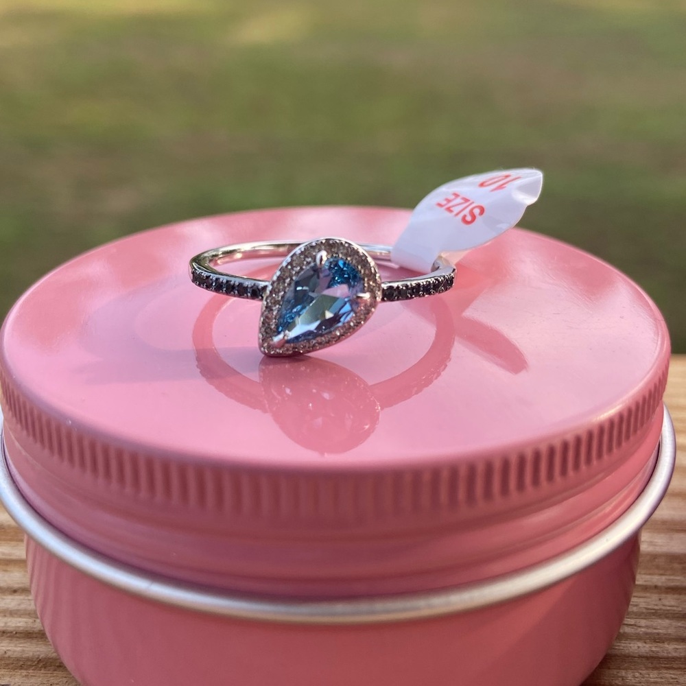 Blue Topaz Rhodium and Hematite Plating Ring